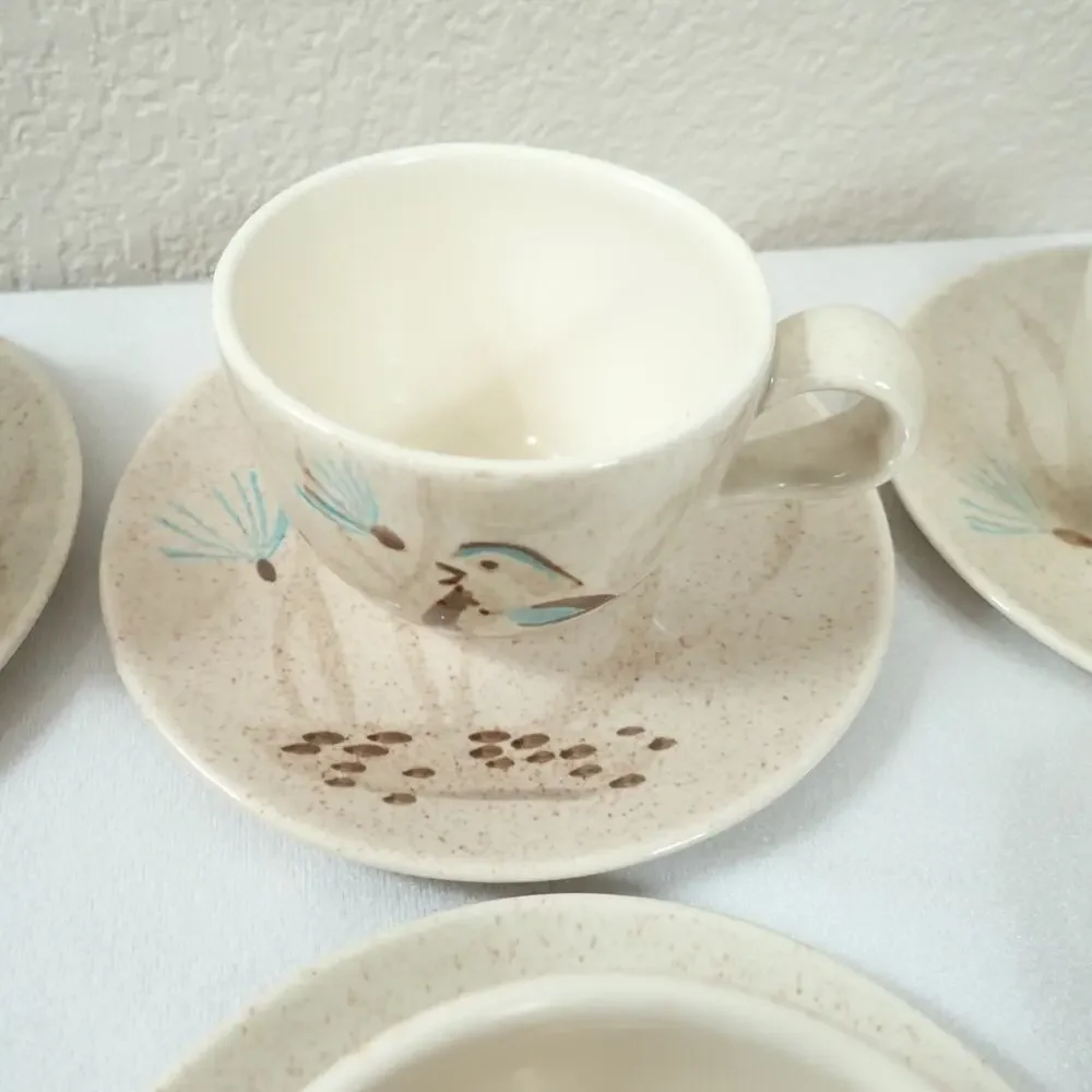 Red Wing Bob White Quail 10 Cup Saucer Sets MCM Hand Painted Pottery Vintage
